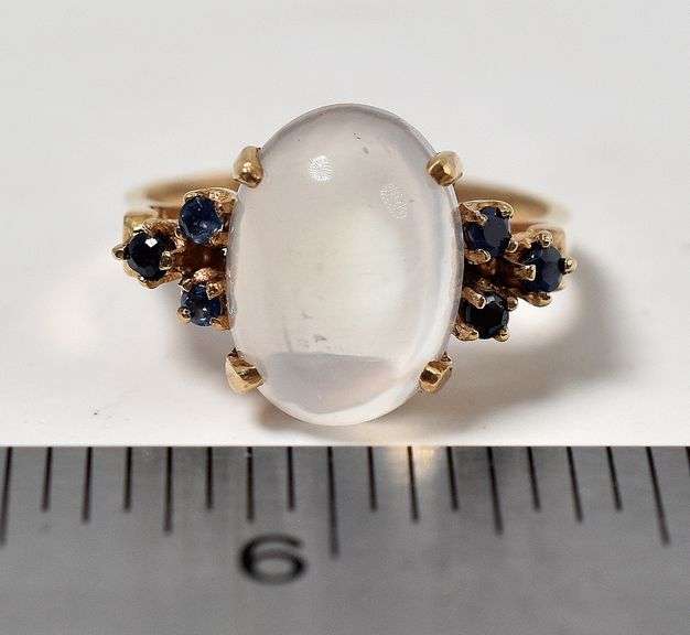 Stunning 10K Yellow Gold Moonstone Gemstone Ring with Blue Sapphire Gemstone Accents