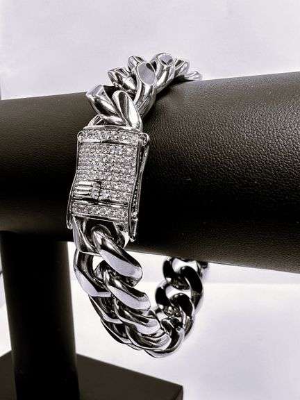 Huge 73.5 Gram 14 Kt White Gold Plate Cuban Curb Link Bracelet