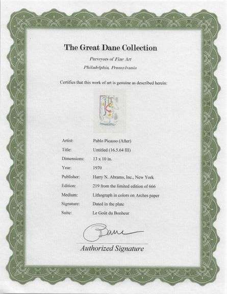 Exclusive Limited Edition Pablo Picasso Lithograph "Le Gout du Bonheur", 1970