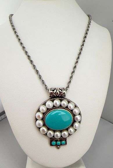 925 Sterling Silver Vintage Southwestern Style Turquoise And pearl Pendant With Rope chain