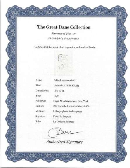 Exclusive Limited Edition Pablo Picasso Lithograph "Le Gout du Bonheur", 1970