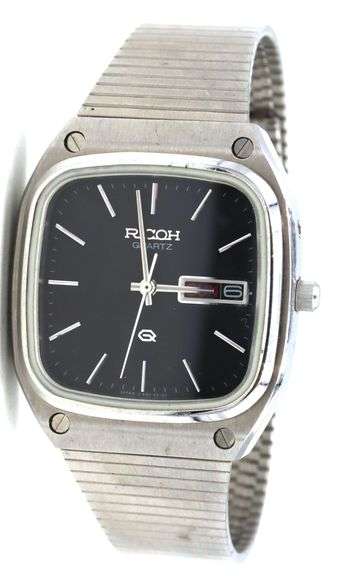 Ricoh day date quartz black dial square watch