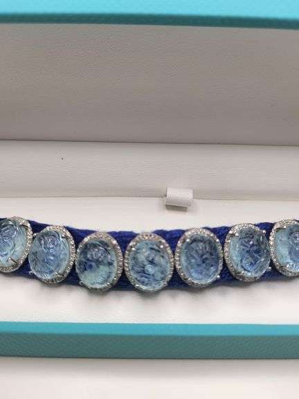 New! +40 ctw all natural aquamarine hand carved and 1.17ct diamond  weaved on fabric bracelet