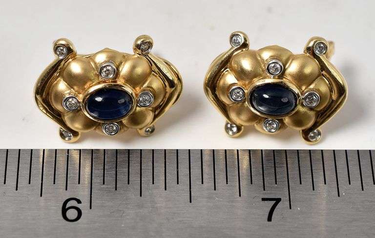 Interesting 14K Yellow Gold Blue Sapphire Gemstone Dangle Earrings with Diamond Accents