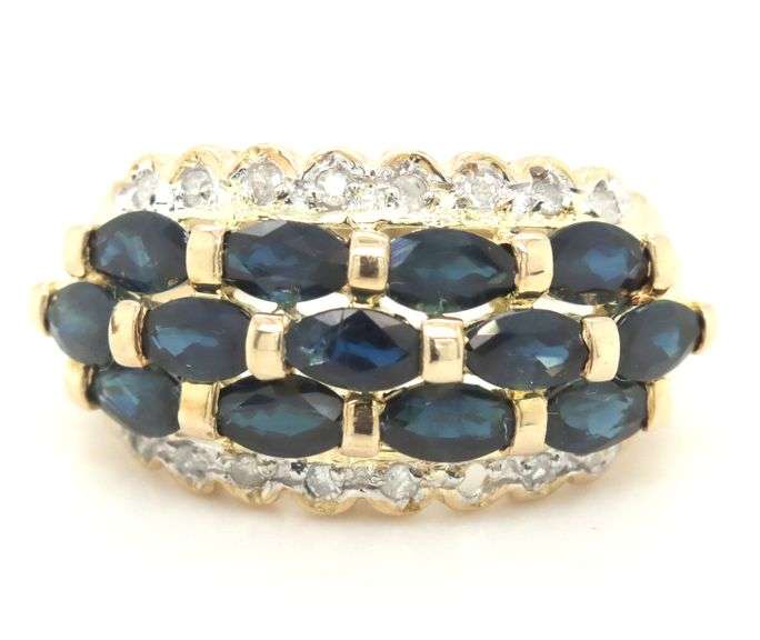 14kt Yellow gold 3 row marquise sapphire and diamond ring