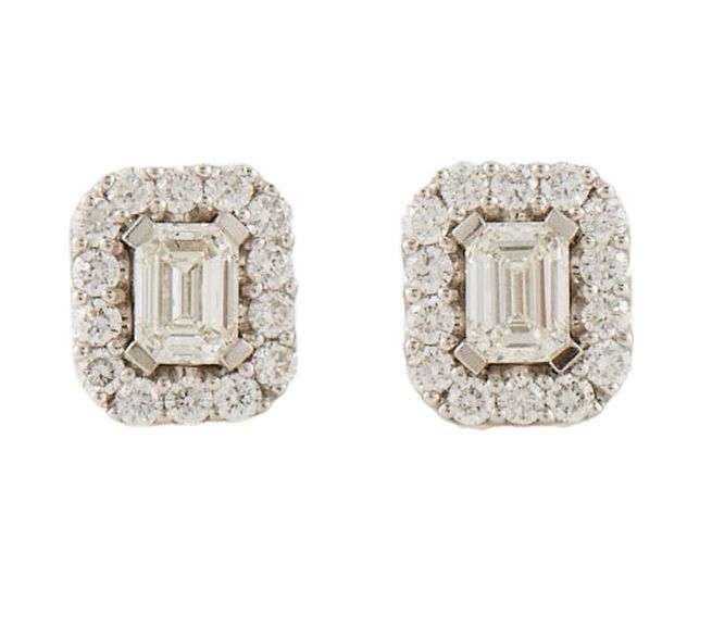 New 0.87ctw Emerald and Round Cut Diamond Frame Stud Earrings in 14K