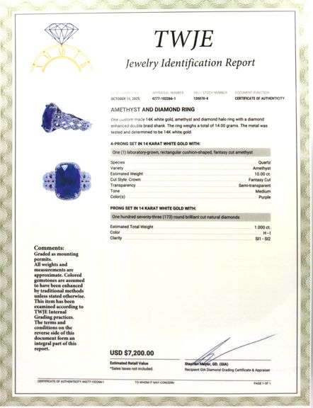 14kt White gold 10ct amethyst and 1ctw diamond ring