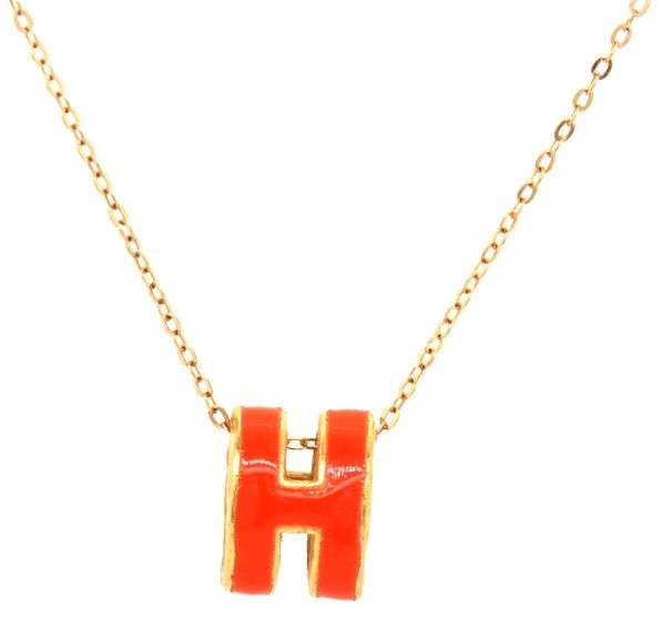 24kt Yellow gold Initial orange enamel H pendant on chain