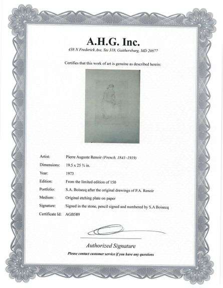 Investment! Very collectable remarkable limited edition Pierre-Auguste Renoir signed in the stone.