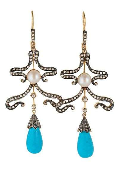 3.00ctw Rose Cut Diamond Pearl and Turquoise Chandelier Dangle Earrings in 18K