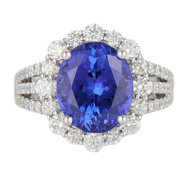 New 4.50ct Oval Tanzanite and 1.45ctw Diamond Frame Triple Shank Ring in 14K