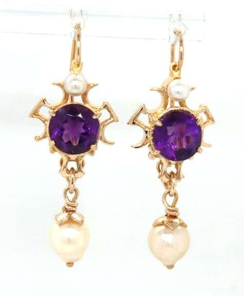 14kt Yellow gold amethyst and pearl dangle earrings