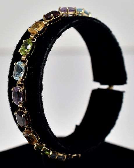 Amazing 14K Yellow Gold Amethyst, Blue Topaz, Peridot, Citrine, and Garnet Gemstone Bracelet