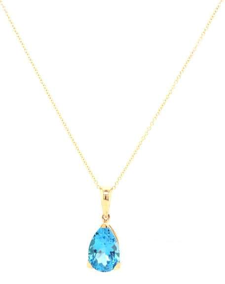 14kt Yellow gold pear shaped blue topaz pendant on chain