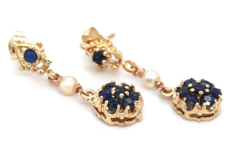 14kt Yellow gold pearl and sapphire cluster dangle earrings