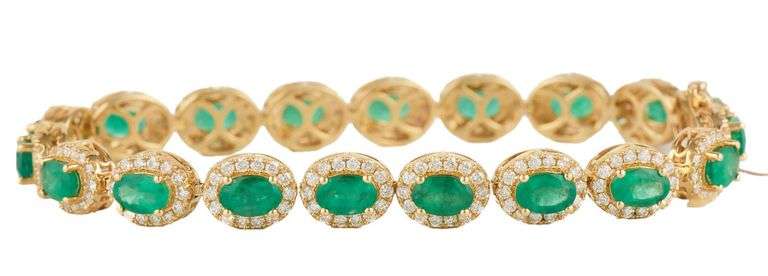 New 7.75ctw Oval Emeralds and 2.60ctw Diamond Frame Tennis Bracelet in 14K