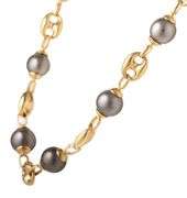 Black Tahitian Pearl and Gucci Link Chain Station Necklace in 18K