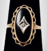 Vintage 10K Yellow Gold Black Onyx Gemstone Ring with Diamond Accents
