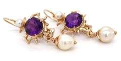 14kt Yellow gold amethyst and pearl dangle earrings