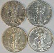 4 Assorted 'P' Mint Walking Liberty Half Dollars in slider/BU