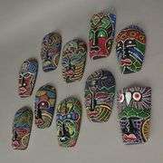 10 Hand-Carved Dot-Painted Tribal Wall Masks