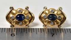 Interesting 14K Yellow Gold Blue Sapphire Gemstone Dangle Earrings with Diamond Accents