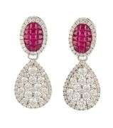 1.18ctw Rubies and 1.75ctw Diamond Pear Shaped Cluster Frame Drop Earrings in 14K