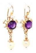 14kt Yellow gold amethyst and pearl dangle earrings