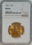 Virtual Gem BU 1901 $10 Liberty Gold Piece. NGC MS64