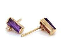 14KT Yellow gold baguette amethyst and diamond accent stud earrings