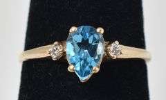 Pretty 10K Yellow Gold Blue Topaz Gemstone and Diamond Ring