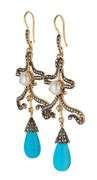 3.00ctw Rose Cut Diamond Pearl and Turquoise Chandelier Dangle Earrings in 18K