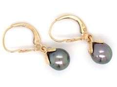14kt Yellow gold 7.5mm Tahitian pearl dangle earrings