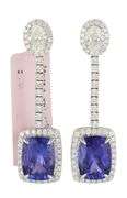 New 13.10ctw Cushion Tanzanite and 3.19ctw Diamond Frame Dangle Earrings in 14K