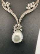 CERTIFIED 18K WHITE GOLD VINTAGE / ANTIQUE DIAMOND AND PEARL NECKLACE