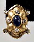 Interesting 14K Yellow Gold Blue Sapphire Gemstone Dangle Earrings with Diamond Accents