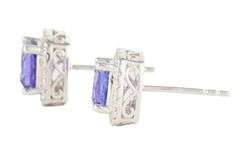 New 1.09ctw Cushion Tanzanite and 0.32ctw Diamond Frame Stud Earrings in 14K
