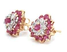 14kt Yellow gold heart and round ruby and diamond cluster flower stud earrings