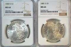 Flashy nearly Gem BU 1880-S & 1881-S Morgan Silver Dollars. NGC MS64's
