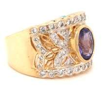 18kt Yellow gold Levian 1.21ct bezel set tanzanite and diamond open work wide ring