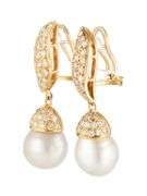 1.00ctw Pave Diamond and Cultured Pearl Drop Earrings in 18K
