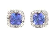 New 1.09ctw Cushion Tanzanite and 0.32ctw Diamond Frame Stud Earrings in 14K