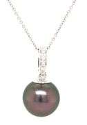 18kt White gold 12mm Peacock Tahitian pearl and diamond pendant on chain