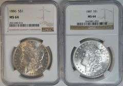 Near Gem BU 1886 & 1887 Morgan Silver Dollars. NGC MS64