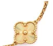 18KT Yellow Gold Handcrafted Guilloche Gold Five Clover with Link Chain Bracelet