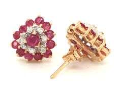 14kt Yellow gold heart and round ruby and diamond cluster flower stud earrings