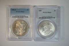 Near Gem BU 1881-S & 1885 Morgan Silver Dollars. PCGS MS64