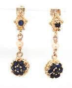 14kt Yellow gold pearl and sapphire cluster dangle earrings