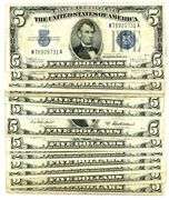 Large lot of 15 $5 Blue Seal Silver Certs: 5 1934 & 12 1953 Series