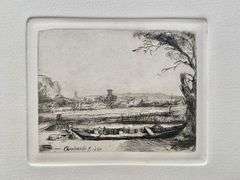 Rare Collectible Etching by Rembrandt, Canal With A Large Boat And Bridge